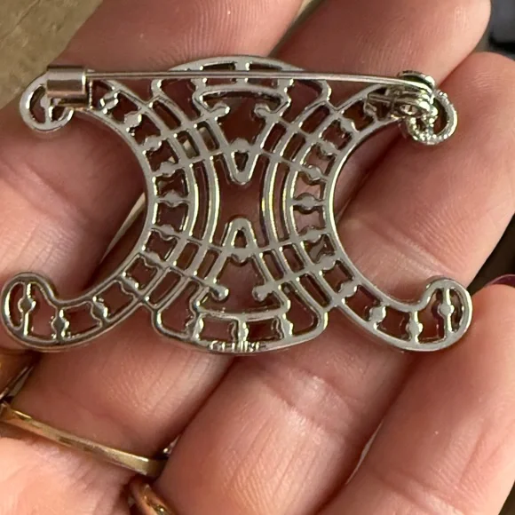 Silver Tone Rhinestone Scroll Monogram Brooch Pin - Picture 4 of 5